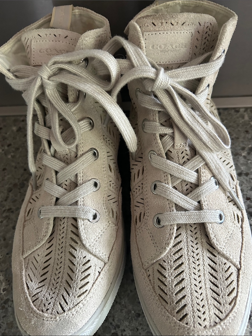 COACH Beige Suede Laser-Cut Lace-Up Sneakers